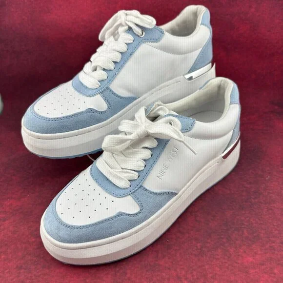 NINE WEST WOMEN'S CALPHA PLATFORM LACE-UP SNEAKERS WHITE/BLUE SIZE 6 M - Picture 2 of 8